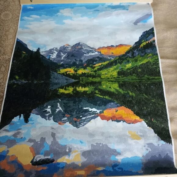 Colorful Paint By Number Completed Canvas Acrylic PBN 16x21 Art Mountains Lake - Picture 1 of 7